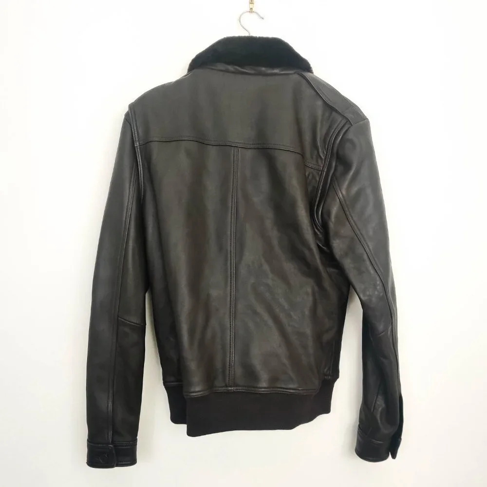 The Kooples Aviator Leather Bomber Jacket with Detachable Fur Collar in Brown XL